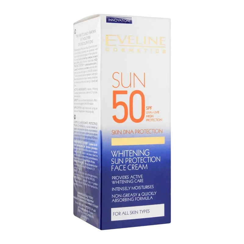 کرم ضدافتاب سفید کننده SPF50 اولاین اس پی اف 50 Eveline(سفید آبی)