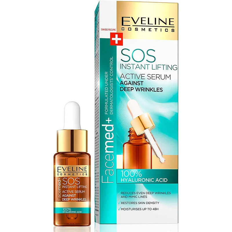 سرم sos اولاین |دارای هیالورونیک اسید و آبرسان |Eveline Cosmetics Facemed + SOS Instant Lifting Serum Active Against